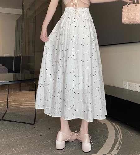 chouyatou Women's Boho Ditsy Polka Dot A-Line Skirt Elastic Waist Swing Pleated Midi Long Skirt with Pockets3