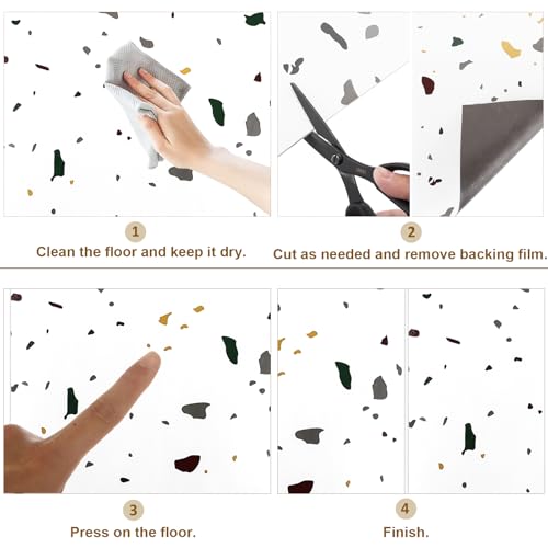 CYEER 40 Stück PVC Bodenbelag Selbstklebend 30x30CM, Vinylboden Selbstklebend Wasserfest Rutschfest, Selbstklebende Bodenfliesen für Küche, Wohnzimmer, Badezimme(Bunte Tupfen auf weißem Hintergrund)