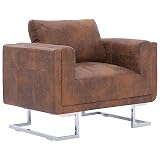 Faux Suede Leather Cube Armchair with Back Cushion, Brown Chrome Feet Accent Chair for Living Room, Sturdy Wooden Frame and Ergonomic Design