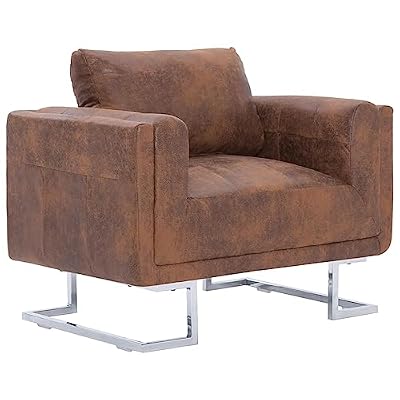 Faux Suede Leather Cube Armchair with Back Cushion, Brown Chrome Feet Accent Chair for Living Room, Sturdy Wooden Frame and Ergonomic Design