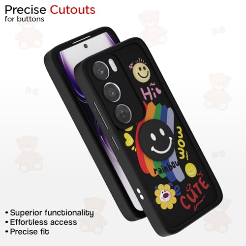 Image of Pikkme Back Cover for Oppo Reno 12 Pro 5G | Soft Silicone| Cute Rainbow Smile & 3D Cartoon Flower Design | Shockproof Raised Camera Protection Bumper Case (Black)