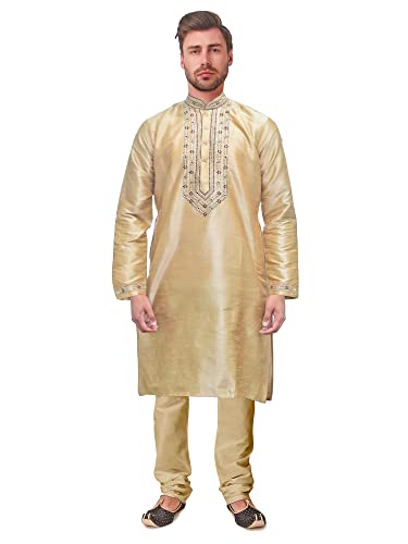 kacery Men's Indian Designer Dupin Kurta Pajama Ethenic Outfit AN842 Light Gold 38
