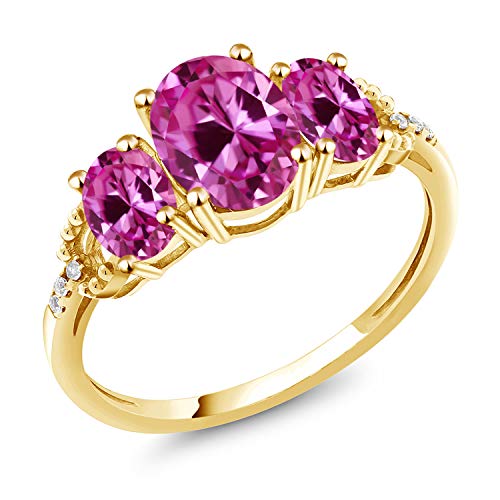Gem Stone King 2.69 Cttw Oval Pink Created Sapphire and Diamond Accent 10K Yellow Gold Engagement Ring for Women | Gemstone Birthstone | Oval 8X6MM and 6X4MM | Available In Size 5, 6, 7, 8, 9