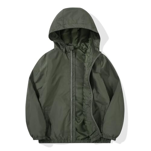 JOYSON Army Green Kid Boys Rain Jackets Lightweight Water-resistant Windbreaker Breathable Outerwear Raincoat with Hood 9-10 Years