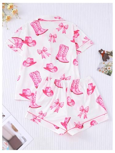 Image of Verdusa Women's 2 Piece Floral Bow Pajama Set Short Sleeve Button Down Shirt and Shorts Set White and Pink Small