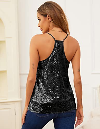 Beyove Women's Sparkly Sequin Tank Top V Neck Sleeveless Blouse Shirt Glitter Club Cami Top For Party, Black Large #TOP3