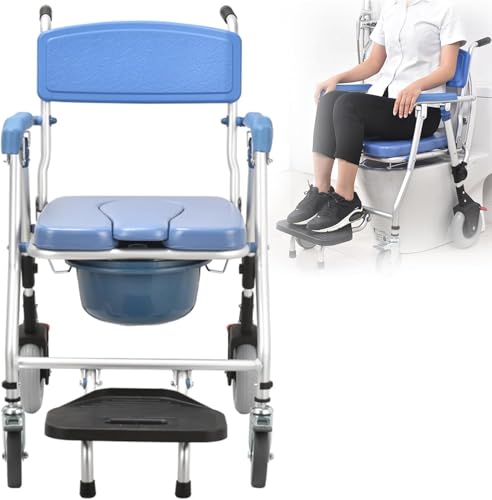 Silla De Ruedas con Inodoro Plegable para Ducha Silla De Inodoro con Asiento Acolchado, Silla De Ducha con Ruedas con Reposabrazos Y Respaldo, Silla De Transporte Móvil De Aluminio con Ruedas