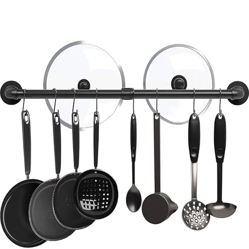 WJZWQZ 31 Inch Wall Mounted Pot Rack, Industrial Utensils Wall Hanger Iron Pipe Kitchen Hanging Rail with 8 S Hooks for Hanging Pans, Utensils, Cookware