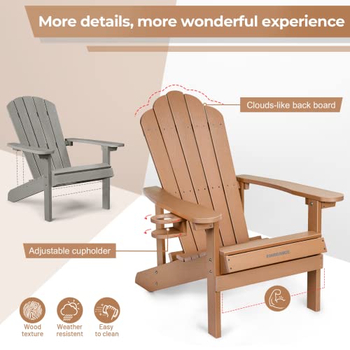 Embrange Adirondack Chair With Cup Holder, Fire Pit Chair,All Weather Resistant Poly Lumber Patio Chair With Wood Grain&Cloud-Like Backboard. Sturdy Lounge Chair For Patio&Lawn & Garden (Teak) #TOP5