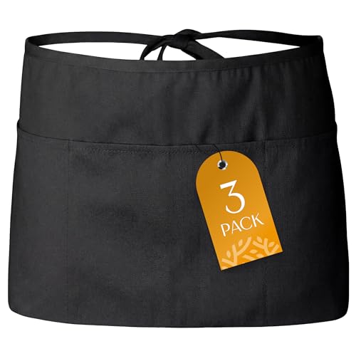 White Classic 3 Pack - Black Server Waist Aprons with 3 Pockets Waitress Half Apron