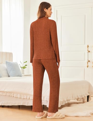 Ekouaer Womens Ribbed Knit Pajama Sets 2 Piece Lounge Set Long Sleeve Button Down Pjs Sleepwear Set with Pockets4