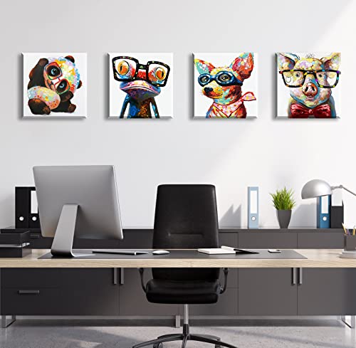 Colorful Cartoon Animal Wall Art Canvas Print Funny Cute Panda Frog Pig Pictures for Kids Bedroom Nursery Decor Artwork Framed 12''X12''X4