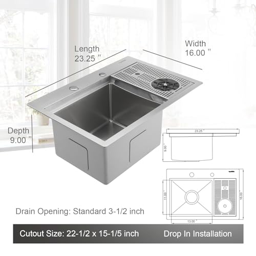 AguaStella AS15TXSS Drop in Bar Sink with Glass Rinser Stainless Steel Overmount Prep Kitchen Sink 23-1/4 Inches Single Bowl… by AguaStella - Used condition - Image 7