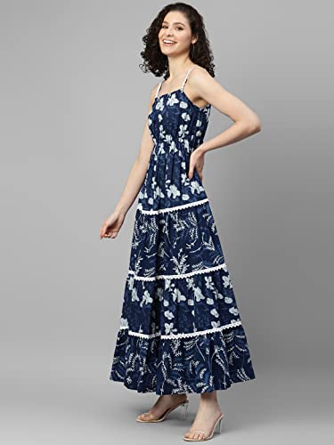 Image of DEEBACO Women's Color Block Print Cotton Maxi Length Tiered Dress for Women|One Piece Straps Shoulder Sleeveless Casual Western Fit and Flared Dresses for Ladies Wear Outfits (DBDR00000714B White)