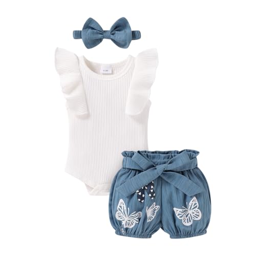 Image of Tiny Cutey Baby Girl Clothes Infant Summer Outfits Set Ruffle Sleeve Romper and Floral Shorts with Headband