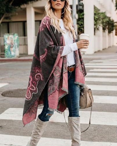 Image of Bestshe Women's Boho Open Front Poncho Plaid Shawl Wrap Cape | Tassel Cardigan Sweater, Cozy Layering, Fall Winter Clothes for Women