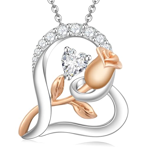 Rose Flower Heart Birthstone Necklaces for Women, 925 Sterling Silver Anniversary Jewelry, Pendant Heart Necklaces Birthday Anniversary Christmas Gift for Women Wife Mom Girlfriend Lady