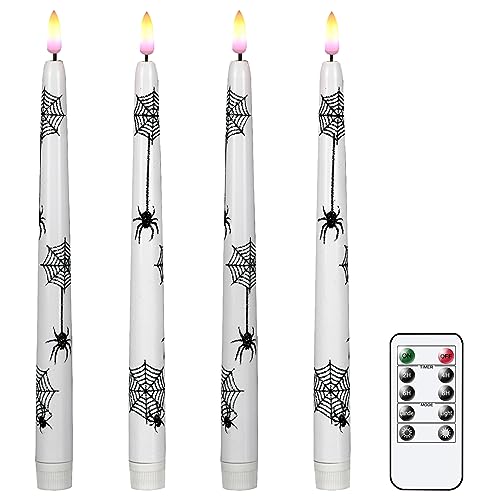 Image of Halloween Decoration Flameless Taper Candles with Remote Timer, Battery Operated LED Halloween Candles Flickering with Spider Web Pattern for Halloween Decor(4 Pack)
