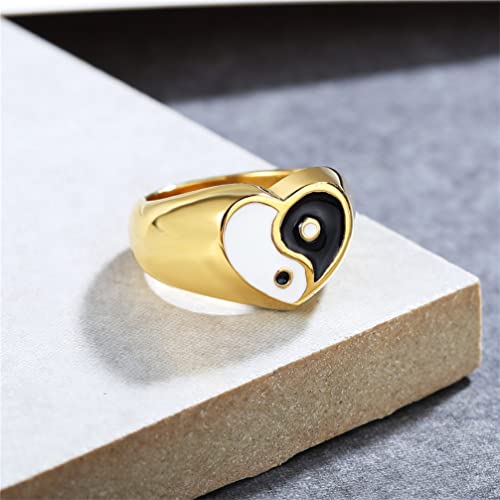 PAMTIER Unisex Stainless Steel Trendy Simple Heart Cut Black and White Yin Yang Gossip Biker Ring3