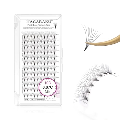 NAGARAKU 10D Pestañas Prefabricados 120 Fans Volumen Ruso Ventiladores Racimo Afilados Tallo Estrecho Base Fina Y Puntiaguda Abanicos Esponjosas Natural Abanicos Premade Fans Negro (0.07 C 8-15mm）