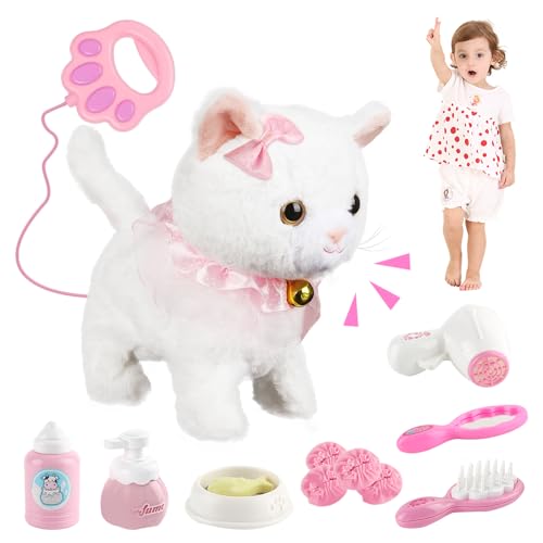 Lotvic Jouet Électronique en Peluche, Animal Chat Électronique, Chat Interactif Qui Marche et Miaule avec Laisse Télécommandée, Chats en Peluche...