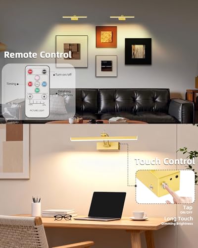 Image of 4Pack Rechargeable Picture Light, 5200mAh Brass Battery Operated Picture Lights for Wall with Remote Control, 300LM 3000K Warm White Light 16 inch Metal Dimmable Picture Light for Painting & Artwork