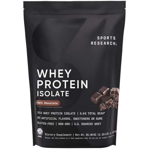 Image of Sports Research 100% Whey Protein Isolate Dark Chocolate - U.S. Sourced Protein Powder w /BCAAs - No Artificial Flavors or Gums- Informed Sport Tested . Gluten Free - 2lb Bulk Bag, 25 Servings