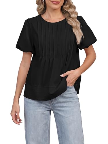 Funlingo Womens Blouses Summer Short Puff Sleeve Babydoll Tops for Women Casual Crew Neck Flowy Pleated Shirts Cute Clothes Black L