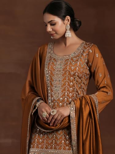Image of Libas Womens Embroidered Silk Blend Straight Kurta With Palazzos and Dupatta | ethnic wear | bridal suit | wedding dress | occasion wear