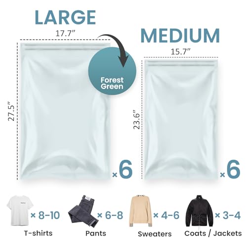 Image of TAILI 12 Pack Travel Compression Bags, Roll Up Space Saver Bags (6 Large+6 Medium), No Vacuum Needed Reusable Packing for Luggage, Suitcase, Backpack, Travel Essentials, Forest Green