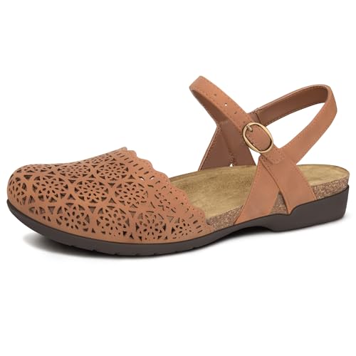 Image of PARTY Closed Toe Sandals Women, Barefoot Arch Support Flat Sandals for Office Work and Travel with Comfortable Cork Footbed