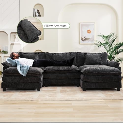 Image of Oprisen 120 inch Modular Sectional Sofa, Comfy Cloud Couch Sectional Sofa with Ottoman, Chenille Sofa Sleeper Deep Seat Sofa with Throw Pillows for Living Room (Black, 120 inch- U Shape)
