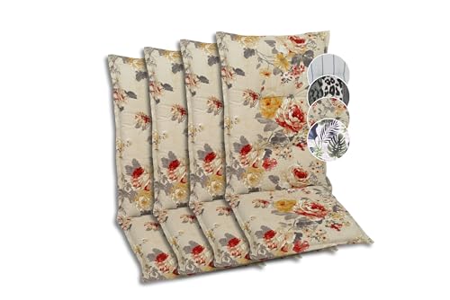 GO-DE Textil Bequeme und attraktive Polsterauflagen für Hochlehner-Gartenstühle (4er-Set, Blumen bunt beige, Hochlehner)