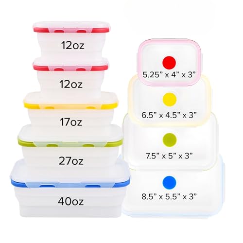 ECOBERI Collapsible Silicone Food Storage Containers, BPA Free, Microwave, Freezer and Dishwasher Safe, Lunch, Meal Prep, Travel, Space-Saving, Set of 5