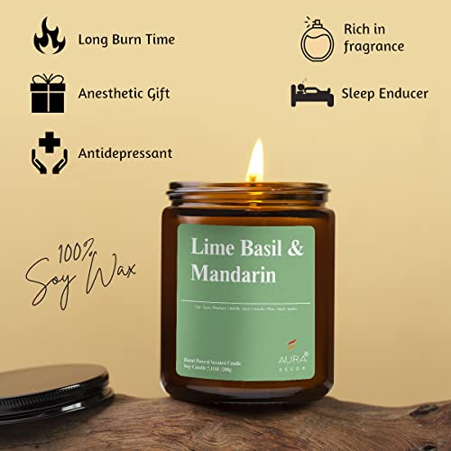 Image of AuraDecor Scented Jar Candle | Handpoured Soy Wax Candle with Long Lasting Burn Time | Premium Amber Jar Aromatherapy Candle | Ideal Gift for Home & Decor (Extra Large, Lime Basil & Mandarin)