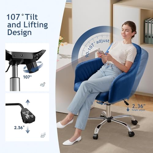 Image of AZAKEE Velvet Office Chair with Wheels & Armrests - Mid-Back Swivel Desk Chair for Home Office, Study, Bedroom & Vanity - Adjustable Height, Comfortable & Stylish (Blue)