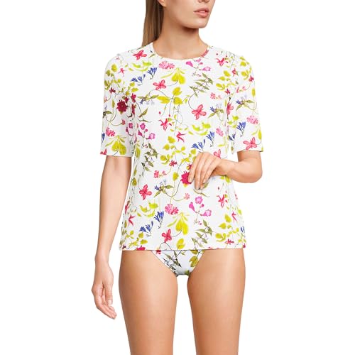Lands' End Women's Sunshade UPF 50 Elbow Sleeve Relaxed Rash Guard X-Small White Multi Garden Floral