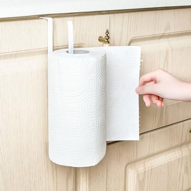 TopHomer Paper Towel Holder Under Cabinet Paper Towel Rack White Roll Organizer NO Drilling Double Use for Kitchen, Bathroom Paper Towel Holder Organizer Storage Decor