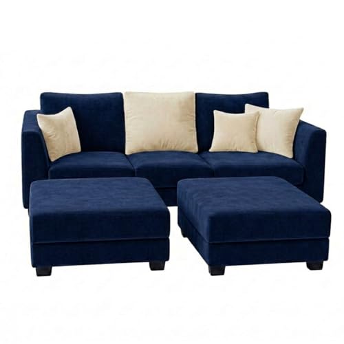 Image of SOCOZI Trevano 5 Seater L Shape Sofa Set with 2 Movable Ottomans | Flexible Layout| Soft Velvet Suede Fabric|Modern Sofa | Plush Comfort Cushions for Living Room (Cream-Dark Blue)