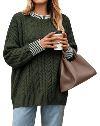 Sipaya Cozy Sweaters for Women Cable Knit Striped Long Sleeve Tunic Tops Fall Fashion Winter Clothes Chunky Color Block Green M