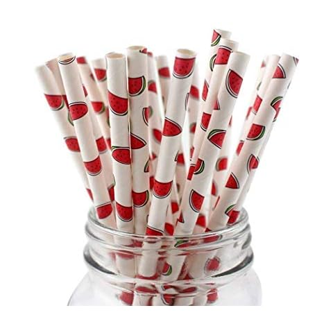 50-Pack Biodegradable Paper Drinking Straws for Party Supplies Bridal/Baby Shower Wedding Decorations, Bulk Paper Straws for Juices, Shakes, Smoothies, Watermelon Theme Cover