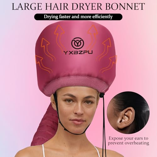 Hooded Hair Dryer, Bonnet Hair Dryer Hooded Diffuser Cap for Curly, Speeds Up Drying Time, Safety Deep Conditioning at Home (Rose Red)