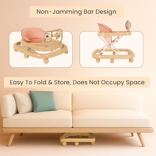 Image of Blushbaby 360 Baby Walker for 6-18 Months | 5-Height Adjustable Activity Walker with Cushioned Seat, Meal Tray & Toy Bar | Foldable & Lightweight Walker for Boys & Girls (Beige)