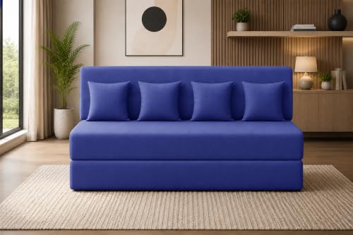 Image of Sofa Cum Bed with Jute Fabric, Convertible Four Seater Sofa Bed 6x6 Ft, Comfortable Cushioned Seating, Space Saving Design for Living Room, Bedroom & Guest Room - Blue Color