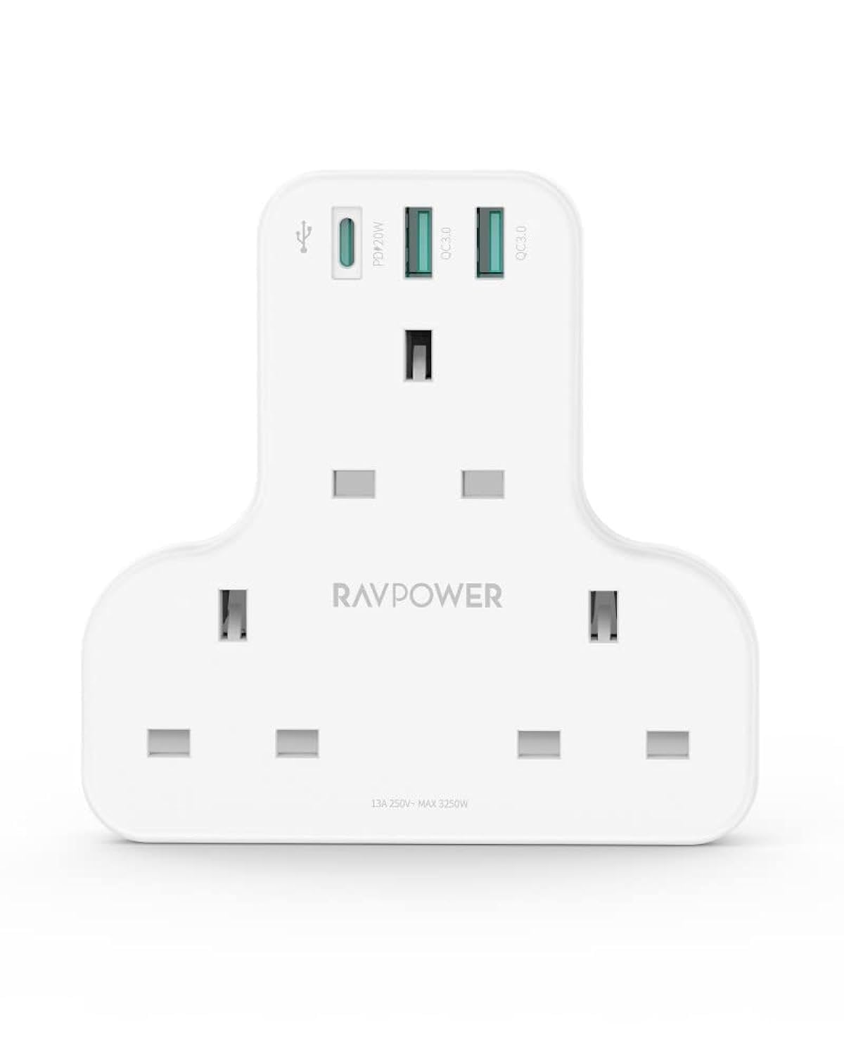 RAVPower20W Wall Charger With 3 AC Plugs & 3 USB ports, Compact & Compatibility, iSmart Protection, Suitable for Travel, Home, Office, White Color