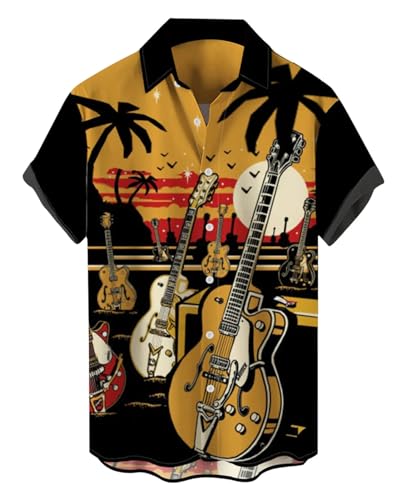 Ecosunny Chemises de musique hawaïennes à manches courtes pour homme avec imprimé bowling, Guitare musicale Sun, XX-Large