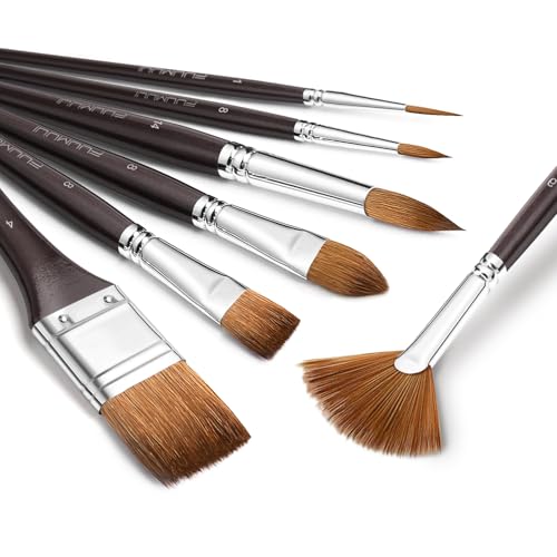 Sable Watercolor Brushes Professional, Fuumuui 7Pcs Sable Brush Set Variety Shapes with Flat, Round Pointed, Cat's Tongue Oval Wash Fan Brush Perfect for Watercolor Gouache Inks Painting
