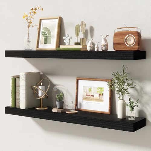 FLYJOE 36 Inch Floating Shelves | 6.5 Inch Deep Black Floating Shelves Set of 2 | 36 W x 6.5 D Rustic Black Wood Wall Shelves with Invisible Brackets for Bathroom Living Room Bedroom