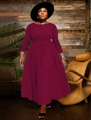 Image of BFFBABY Women's Wrap V Neck Plus Size Maxi Dresses 3 /4 Sleeves Chain Floral Printed Swing Dress with Belt