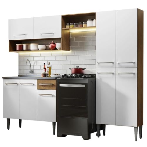La mejor comparación de Cocina Integral Con Parrilla - los más vendidos. 48 Madesa Cocina Integral Completa Modular con Tarja INOX 229cm Emilly 10 - Marrón/Blanco